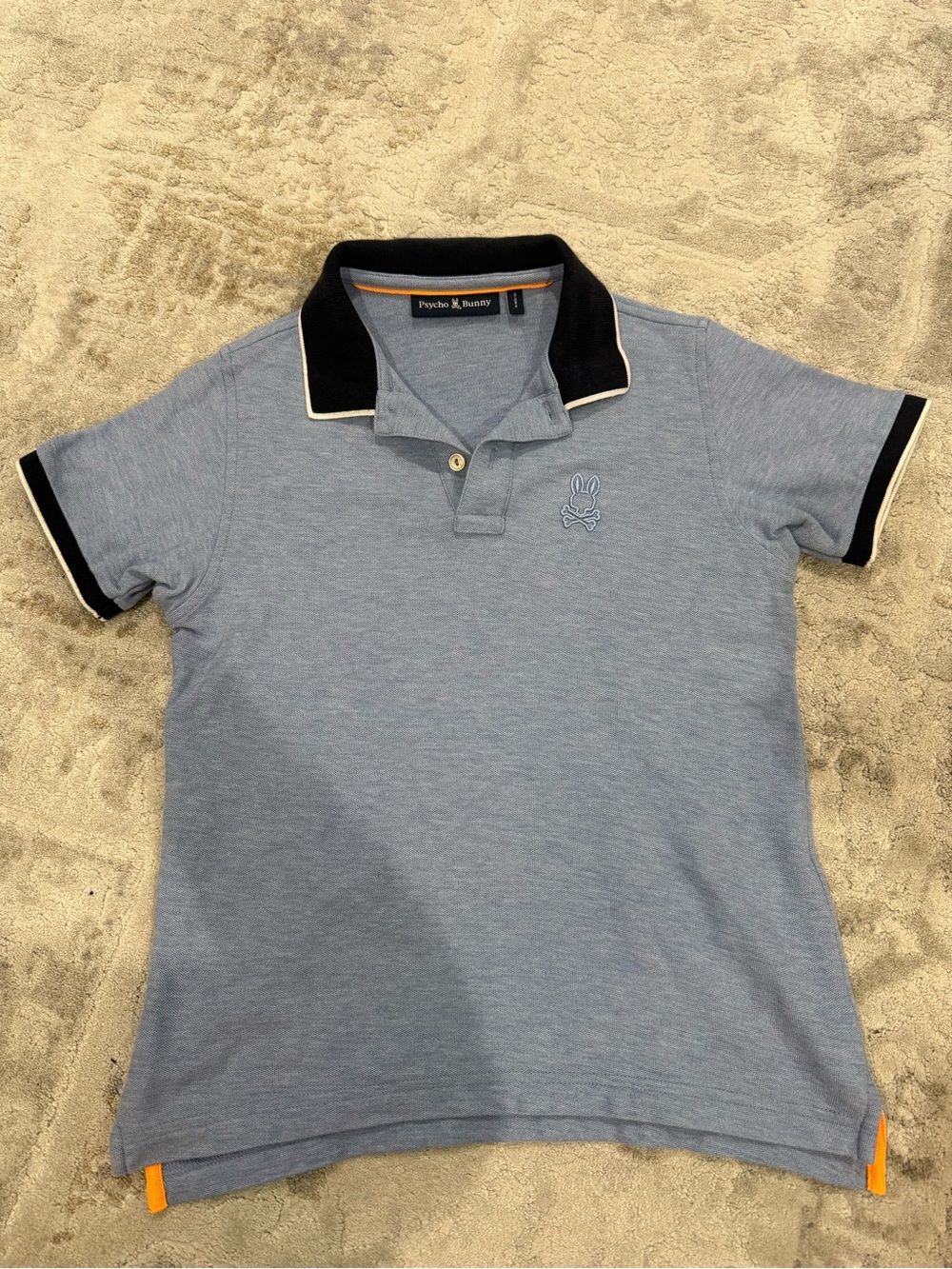 Psycho Bunny Heather Blue Polo with Black Collar and Orange Piping